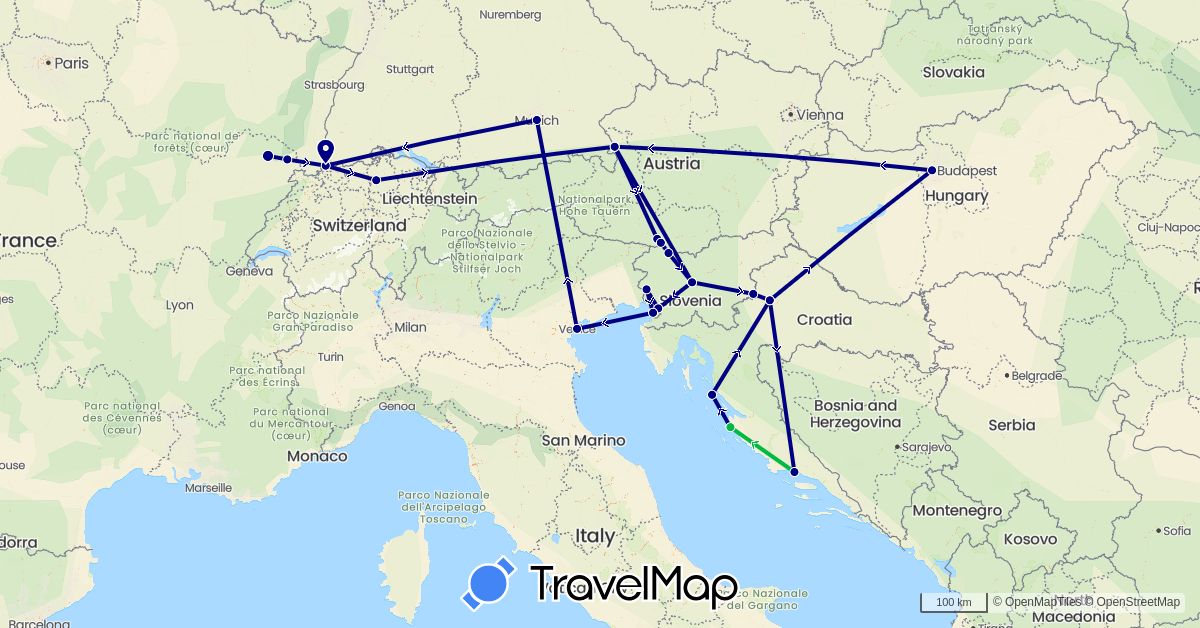 TravelMap itinerary: driving, bus in Austria, Switzerland, Germany, France, Croatia, Hungary, Italy, Slovenia (Europe)
